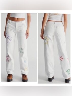 Pacsun white Carpenter Jean embroidered Sun yin yang mushroom butterfly NWT